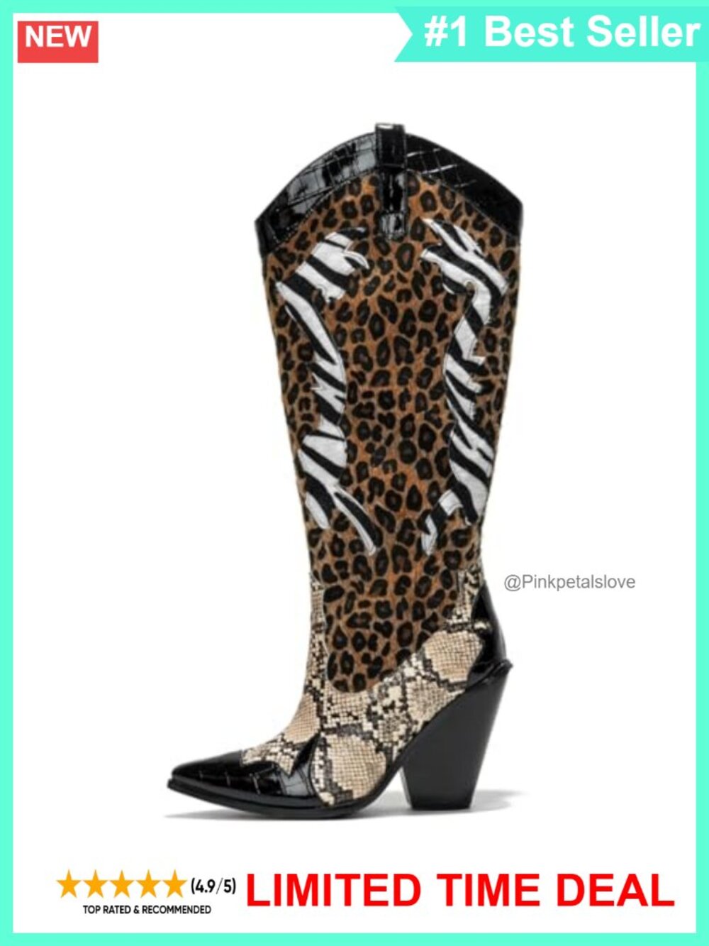 Animal Print Cowboy Boots Faux Leather Pointed Toe Block Heel Knee-High